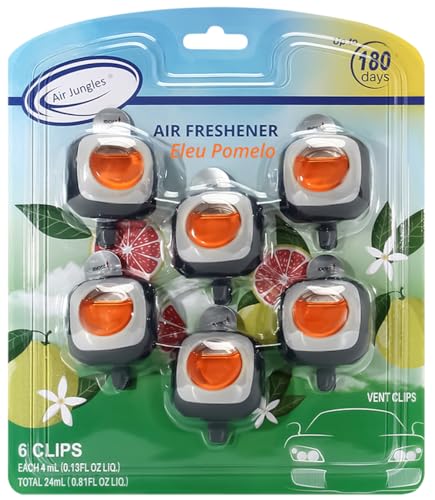 Air Jungles Eleu Pomelo Scent Car Air Freshener Clip, 6 Car Freshener Vent Clips, 4ml Each, Long Lasting Air Freshener for Car, Up to 180 Days Car Refresher Odor Eliminator