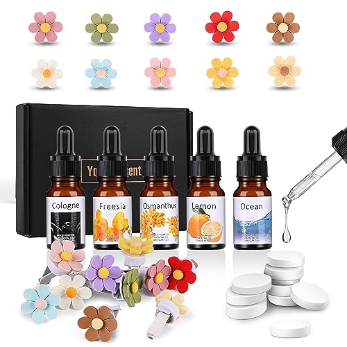 25 Pack Car Air Fresheners,10 PCS Flower Car Air Vent Clip with 5 Essential Oil Scents &10 Refill Pad,Cute Car Interior Accessories for Women/Men Automotive Fragrance Decoration Accessories