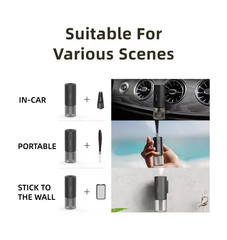 WeChoices Car Essential Oil Diffuser with Alpine White Tea Fragrance - Aromatherapy On-The-Go - Easy Clip-On Design, Fits Most Car Vents – Silent, USB Powered, Refillable Car Air Freshener - Black