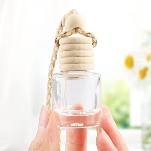 DMuuuDM 20 Pcs 8ml Hanging Car Air Freshener Diffuser,Empty Clear Glass Essential Diffuser Oil Aromatherapy Fragrance Perfume Pendant Glass Vials with Wooden Caps & Hanging String,Cylindrical