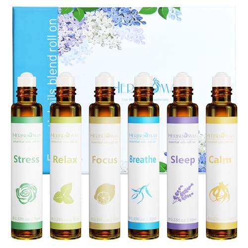 HERBROMAS Aromatherapy Essential Oils Roll On Set, Natural Pre-diluted Blend Oils for Skin Use, Relaxation Gift for Women & Men, Pack 6 x10ml