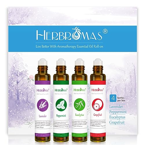 Essential Oil Roll On Set with Lavender, Peppermint, Eucalyptus & Grapefruit - Aromatherapy Relaxation Gift for Women - 4 Pack of 10ml Roll-Ons