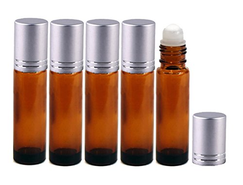 Perfume Studio® GLASS BALL ROLLER BOTTLE - Amber Glass Roll Ons for Essential Oils - 10ml with Aluminum Silver Cap & Glass Ball Applicator (5, Glass Ball)