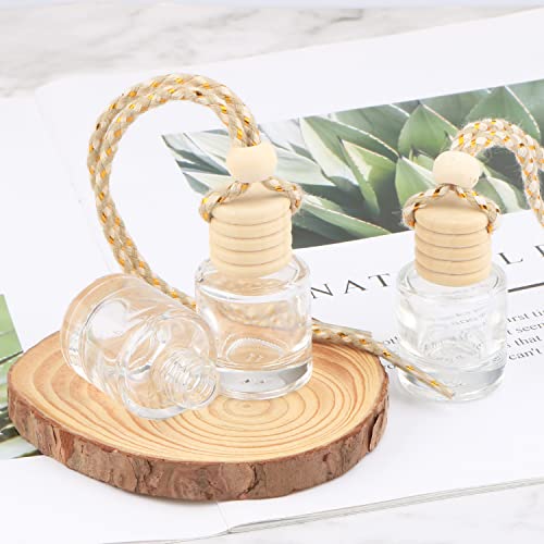 DMuuuDM 20 Pcs 8ml Hanging Car Air Freshener Diffuser,Empty Clear Glass Essential Diffuser Oil Aromatherapy Fragrance Perfume Pendant Glass Vials with Wooden Caps & Hanging String,Cylindrical
