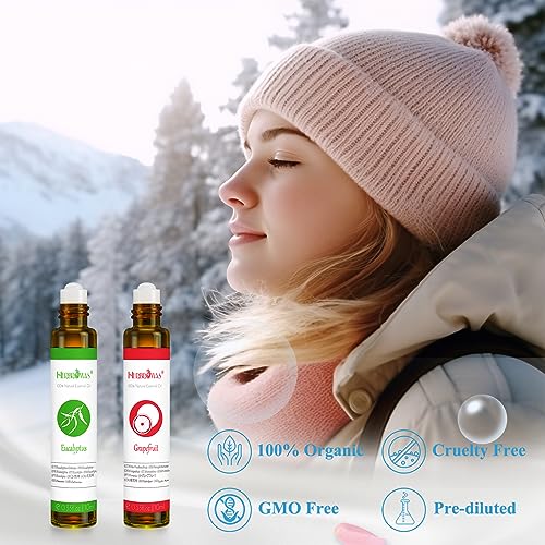Essential Oil Roll On Set with Lavender, Peppermint, Eucalyptus & Grapefruit - Aromatherapy Relaxation Gift for Women - 4 Pack of 10ml Roll-Ons
