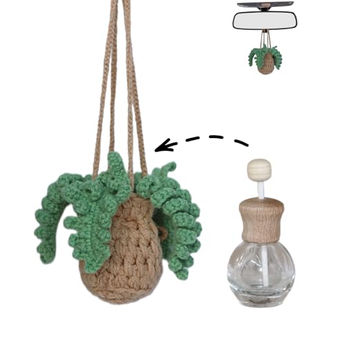 Crochet Car Air Freshener,12ml Empty Refillable Car Diffuser Bottle with Cute Potted Plants Car Mirror Hanging Accessories Car Air Hanging Fragrance Oil Diffuser,Long Lasting Car Diffuser Bottle