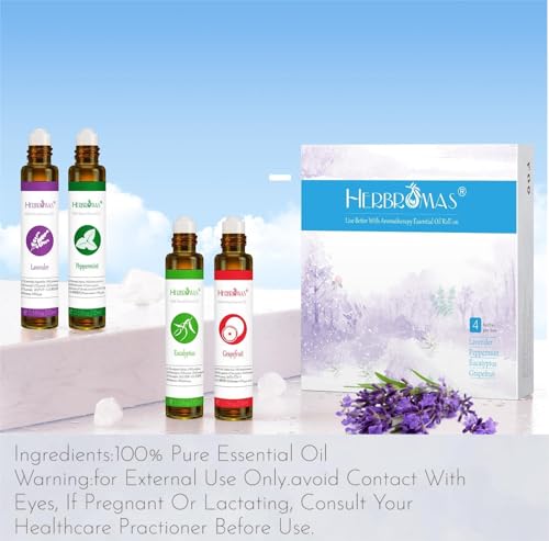 Essential Oil Roll On Set with Lavender, Peppermint, Eucalyptus & Grapefruit - Aromatherapy Relaxation Gift for Women - 4 Pack of 10ml Roll-Ons