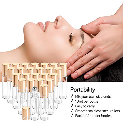 PrettyCare Essential Oil Roller Bottles 10ml (24 Pack Clear Glass Bottle with Gold Cap, 4 Extra Roller Balls，48 Labels, 2 Openers, 2 Funnels Roller Balls For Essential Oils, Roll on Bottles