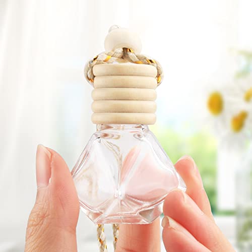 DMuuuDM 20 Pcs 8ml Hanging Car Air Freshener Diffuser,Empty Refillable Clear Glass Essential Diffuser Oil Aromatherapy Fragrance Perfume Pendant Vials with Wooden Caps & Hanging String