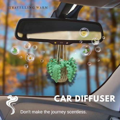 Crochet Car Air Freshener，12ml Empty Refillable Car Diffuser Bottle with Cute Potted Plants Car Mirror Hanging Accessories Car Air Hanging Fragrance Oil Diffuser,Long Lasting Car Diffuser Bottle