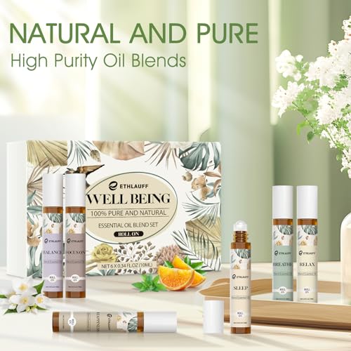 Essential Oils Roll On Set 6 Pack -(Relax, Sleep, Balance,Breathe, Focus on, Happiness) Aromatherapy Oil with Roller Ball,Essential Oils Blends for Skin - Relaxation Gift for Women and Men