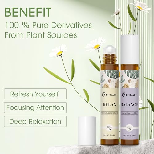 Essential Oils Roll On Set 6 Pack -(Relax, Sleep, Balance,Breathe, Focus on, Happiness) Aromatherapy Oil with Roller Ball,Essential Oils Blends for Skin - Relaxation Gift for Women and Men