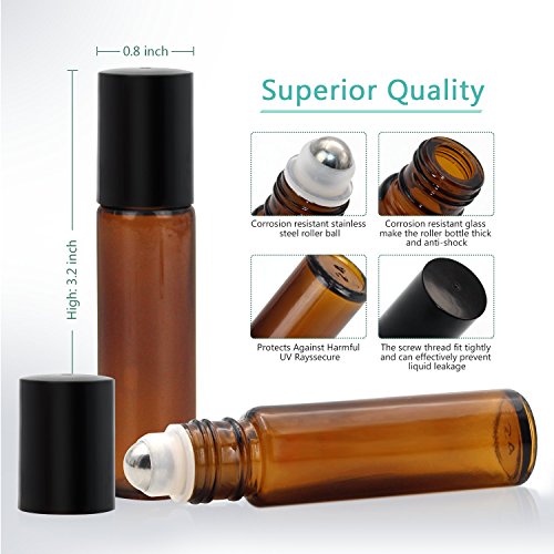 Mavogel 24, 10ml Roller Bottles for Essential Oils - Amber, Glass with Stainless Steel Roller Balls (3 Extra Roller Balls, 54 Pieces Labels, Opener, Funnel, Dropper, Brush Included)