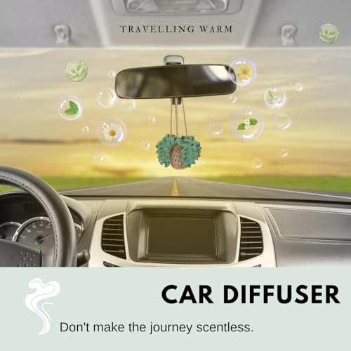 Crochet Car Air Freshener，12ml Empty Refillable Car Diffuser Bottle with Cute Potted Plants Car Mirror Hanging Accessories Car Air Hanging Fragrance Oil Diffuser,Long Lasting Car Diffuser Bottle
