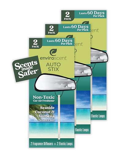 Enviroscent Non-Toxic Car Air Freshener (Seaside Coconut & Verbena) Natural Car Air Freshener | Essential Oil Diffuser | Car Scent Lasting Over 180 Days | 3 Packs of 2 Hanging Auto Stix