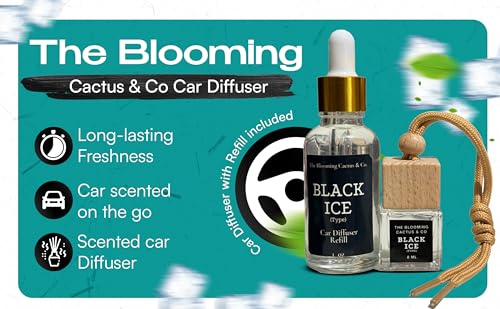 The Blooming Cactus & Co. - Car Diffuser with Refill included | Car scented on the go | Car Air Freshener Hanging | Long Lasting Fragrance | Phthalate Free Fragrance. (Black Ice (Type))
