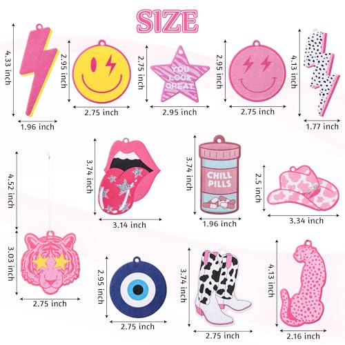 Laffact 12Pcs Preppy Boho Car Air Freshener Lightning Bolt Smile Cow Boots Pink Hat Lip Incense Chip Hanging Slice Essential Oil Pendant Diffuser Scented Decor for Car Interior Accessories Home