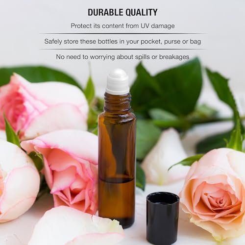 Nylea 8 Pack Essential Oil Roller Bottles (0.33oz / 10ml) - Plastic Roller Ball, Amber Glass Roll-Ons for Fragrance Oils - Aromatherapy, Relaxation, Self-Care, Natural Scents, Perfume Mixing