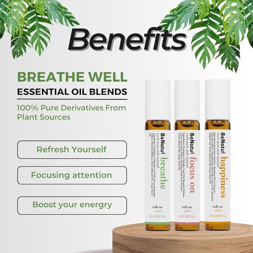 Benatu Essential Oil Blends Set (Breathe, Focus on, Happiness), Natural Aromatherapy Roll On for Massage, Body Skin Care, Home - Revive Fragrance Gift Roller for Women and Men