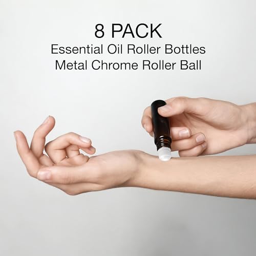 Nylea 8 Pack Essential Oil Roller Bottles (0.33oz / 10ml) - Plastic Roller Ball, Amber Glass Roll-Ons for Fragrance Oils - Aromatherapy, Relaxation, Self-Care, Natural Scents, Perfume Mixing