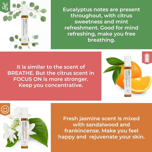 Benatu Essential Oil Blends Set (Breathe, Focus on, Happiness), Natural Aromatherapy Roll On for Massage, Body Skin Care, Home - Revive Fragrance Gift Roller for Women and Men
