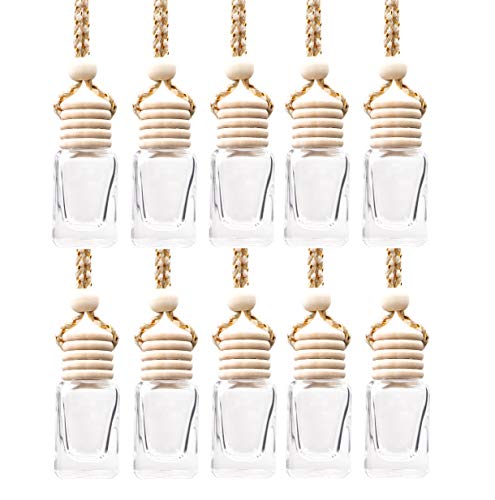 10 Pcs 8ml Hanging Car Air Freshener,Empty Clear Glass Cylindrical Essential Oil Diffuser Perfume Aromatherapy Pendant Bottle Vials With Wooden Caps & Hanging String-FREE 1 Funnel&Dropper