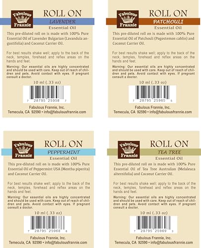 Pre-Diluted Essential Oil Roll-On Value Set Made with Pure Essential Oils and Coconut Oil (Lavender, Patchouli, Peppermint and Tea Tree) by Fabulous Frannie