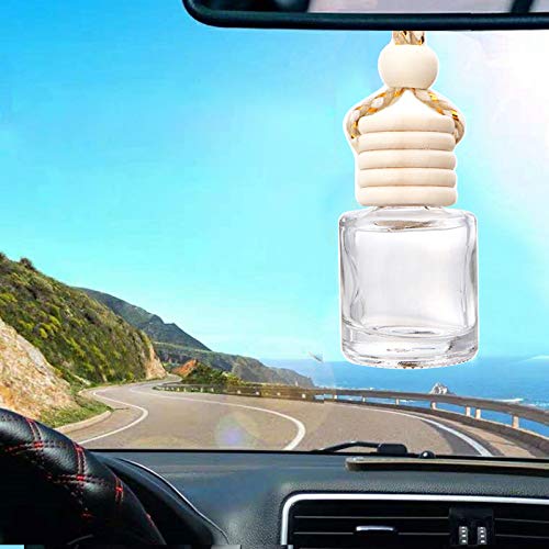 10 Pcs 8ml Hanging Car Air Freshener,Empty Clear Glass Cylindrical Essential Oil Diffuser Perfume Aromatherapy Pendant Bottle Vials With Wooden Caps & Hanging String-FREE 1 Funnel&Dropper