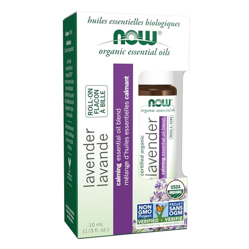 NOW Essential Oils, Lavender Roll-On, Certified Organic, Calming Blend, Steam Distilled, Topical Aromatherapy, 10-mL