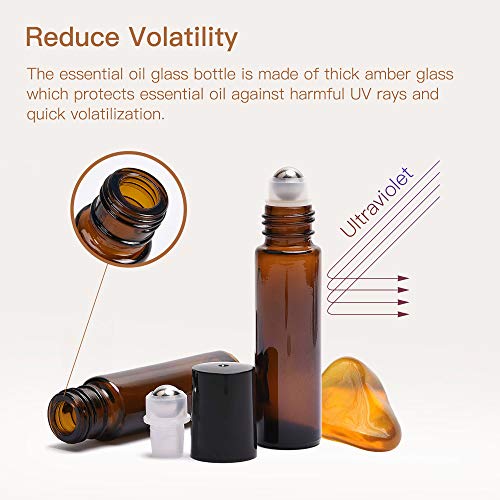 ULG Essential Oil Roller Bottles 48 Pack 10 ml Amber Glass Empty Bottles with Stainless Steel Roller Balls (10 extra balls, 4 Openers, 4 Droppers, 48 Waterproof Labels)