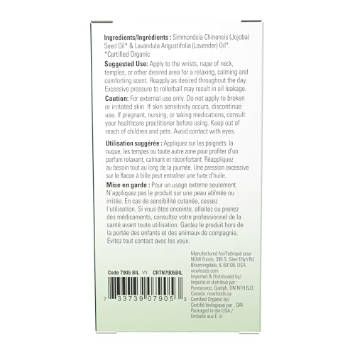 NOW Essential Oils, Lavender Roll-On, Certified Organic, Calming Blend, Steam Distilled, Topical Aromatherapy, 10-mL