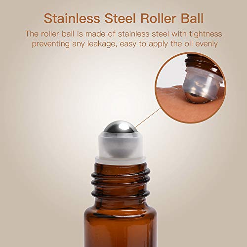 ULG Essential Oil Roller Bottles 48 Pack 10 ml Amber Glass Empty Bottles with Stainless Steel Roller Balls (10 extra balls, 4 Openers, 4 Droppers, 48 Waterproof Labels)