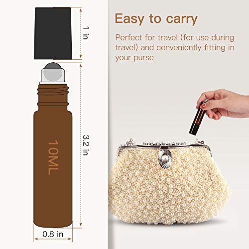 ULG Essential Oil Roller Bottles 48 Pack 10 ml Amber Glass Empty Bottles with Stainless Steel Roller Balls (10 extra balls, 4 Openers, 4 Droppers, 48 Waterproof Labels)