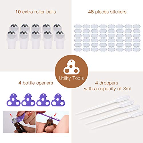 ULG Essential Oil Roller Bottles 48 Pack 10 ml Amber Glass Empty Bottles with Stainless Steel Roller Balls (10 extra balls, 4 Openers, 4 Droppers, 48 Waterproof Labels)