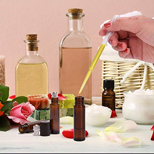 ULG Essential Oil Roller Bottles 48 Pack 10 ml Amber Glass Empty Bottles with Stainless Steel Roller Balls (10 extra balls, 4 Openers, 4 Droppers, 48 Waterproof Labels)