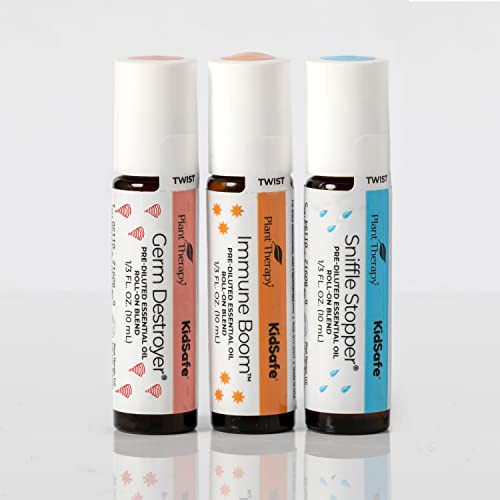 Plant Therapy KidSafe Feelin' Good Essential Oil Blend Set, Includes: Germ Destroyer, Immune Boom, Sniffle Stopper 100% Pure, Pre-Diluted Roll-Ons, Natural Aromatherapy 10 mL (1/3 oz)