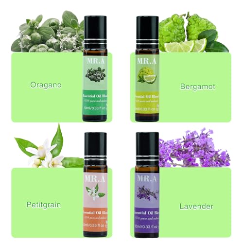 4 Pack Essential Roll On Blend Oils Set, 100% Natural Fragrance Oil, Aromatherapy Roll On Blend Oil with Pure Lavender, Petitgrain, Bergamot, Marjoram Oil, Gift for Women Men 0.33 fl.oz