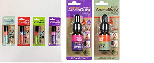 Set of 6 All Natural Essential Oil Roll-Ons by Aroma Guru - Includes Peppermint, Muscle Ease, Tea Tree and Lavender & 2 Droppers Lavender and Relax