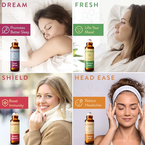 Wellness Essential Oil Roll On Gift Set - Relaxation Gifts for Women & Men - Headache Relief, Germ Fighter, Mood Booster and Better Sleep - Therapeutic Grade - Great Stocking Stuffer & Gift for Mom