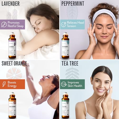 UpNature Top 4 Essential Oil Roll On Gift Set - Peppermint, Lavender, Tea Tree, Sweet Orange -Gift for Mom, Women & Men, Relaxing Gifts for Mom, Women & Men Essential Oil Set, Stocking Stuffer