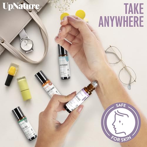 UpNature Top 4 Essential Oil Roll On Gift Set - Peppermint, Lavender, Tea Tree, Sweet Orange -Gift for Mom, Women & Men, Relaxing Gifts for Mom, Women & Men Essential Oil Set, Stocking Stuffer