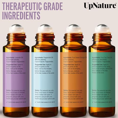 UpNature Top 4 Essential Oil Roll On Gift Set - Peppermint, Lavender, Tea Tree, Sweet Orange -Gift for Mom, Women & Men, Relaxing Gifts for Mom, Women & Men Essential Oil Set, Stocking Stuffer