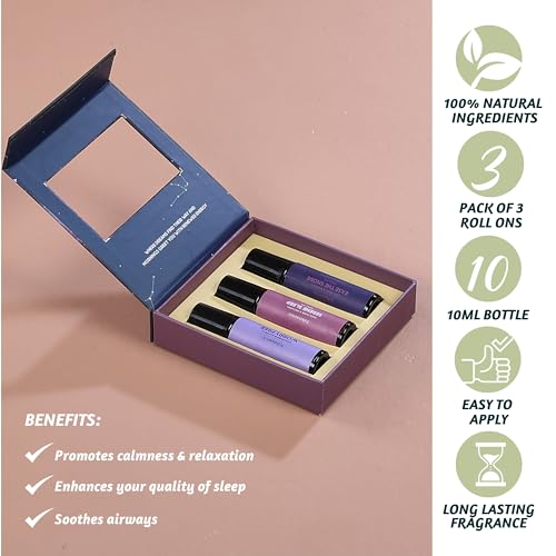 Folkulture Essential Oil Roll On Set of 3, Calm Roll On Blends for Skin, Massage, Relaxation Essential Roller Gift for Women and Men, Peppermint, Eucalyptus, Orange, Lavendar Roll On Set (Sleep)
