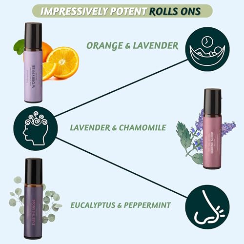 Folkulture Essential Oil Roll On Set of 3, Calm Roll On Blends for Skin, Massage, Relaxation Essential Roller Gift for Women and Men, Peppermint, Eucalyptus, Orange, Lavendar Roll On Set (Sleep)