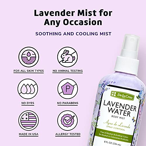 De La Cruz Lavender Water Body Mist - Lavender Spray body mist With Pure Lavender Essential Oil 8 fl oz (236 mL)