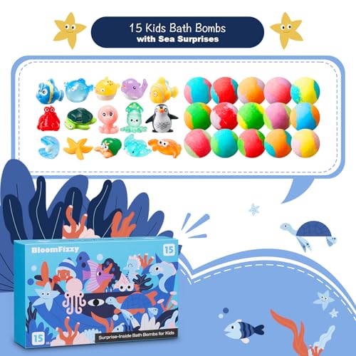 Sea Surprise Bath Bombs for Kids, 15 Pack Fizzy Bath Bombs Gift Set with Hidden Ocean Toys, Gentle & Scented, Kid-Safe & Fun Bath Time, Ideal Christmas Gift & Stocking Stuffer for Kids