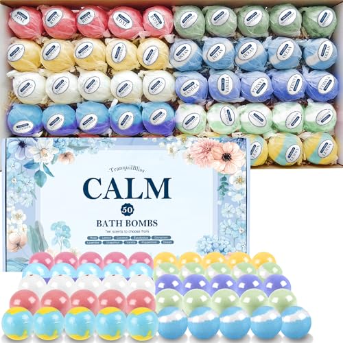 TranquilBliss Bath Bombs Present Set, 50 PCS Bath Bombs for Women, Kids, Organic Bubble Bath Bombs with 10 Rich Scents, Ideal for Christmas, Birthday, Valentine's Day Present Giving