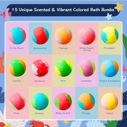 Sea Surprise Bath Bombs for Kids, 15 Pack Fizzy Bath Bombs Gift Set with Hidden Ocean Toys, Gentle & Scented, Kid-Safe & Fun Bath Time, Ideal Christmas Gift & Stocking Stuffer for Kids