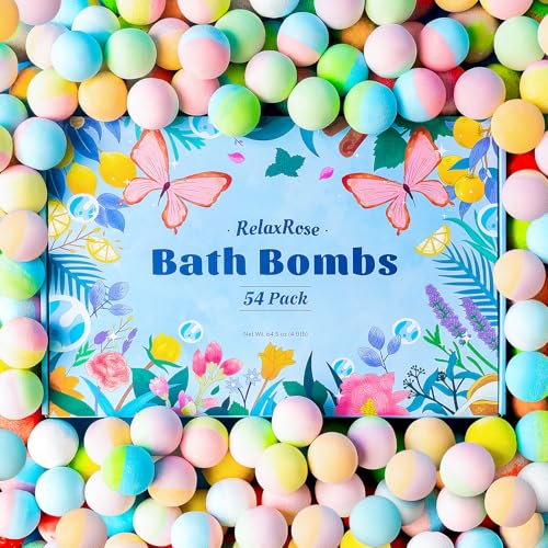 RelaxRose Bath Bombs Gift Set, 54 Pack Handmade Shower Bombs with 11 Delightful Scents, Long-lasting Fizzy Bubbles & Colorful Magic, 7-Minute Dissolve for Relaxation, Ideal Bubble Bath Gift for Women
