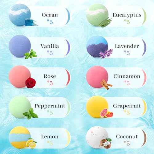 TranquilBliss Bath Bombs Present Set, 50 PCS Bath Bombs for Women, Kids, Organic Bubble Bath Bombs with 10 Rich Scents, Ideal for Christmas, Birthday, Valentine's Day Present Giving